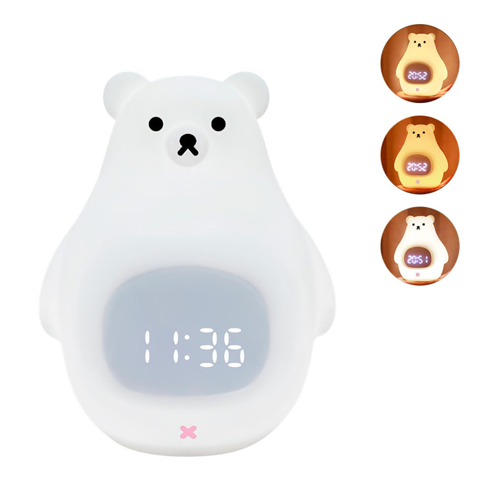 Reloj despertador con luz nocturna infantil, intensidad regulable. Diseño Oso Polar.