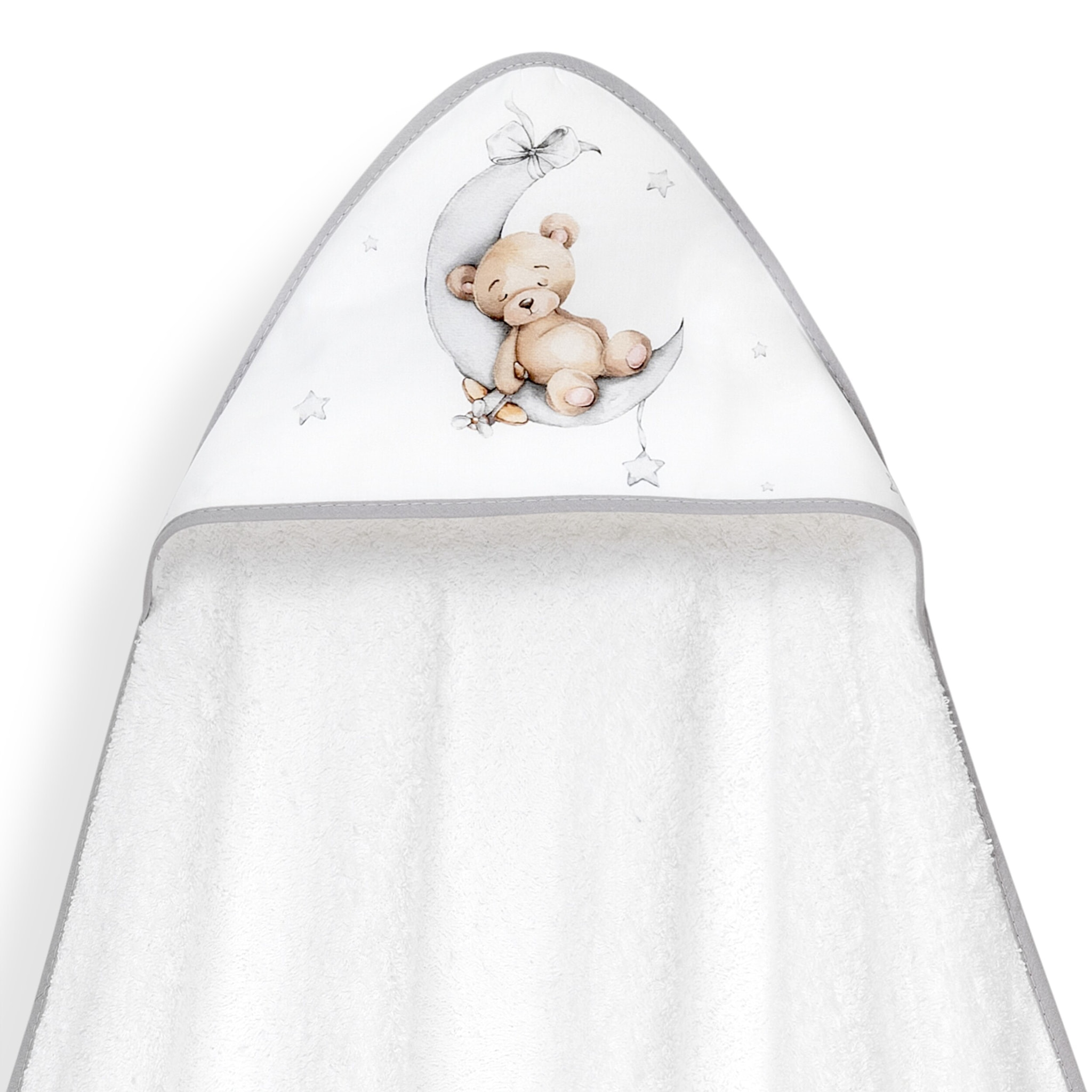 Capa Baño 1X1 Mod Estampado Oso Luna Estrellas+Gorro Bco/Gris