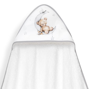 Capa Baño 1X1 Mod Estampado Oso Luna Estrellas+Gorro Bco/Gris