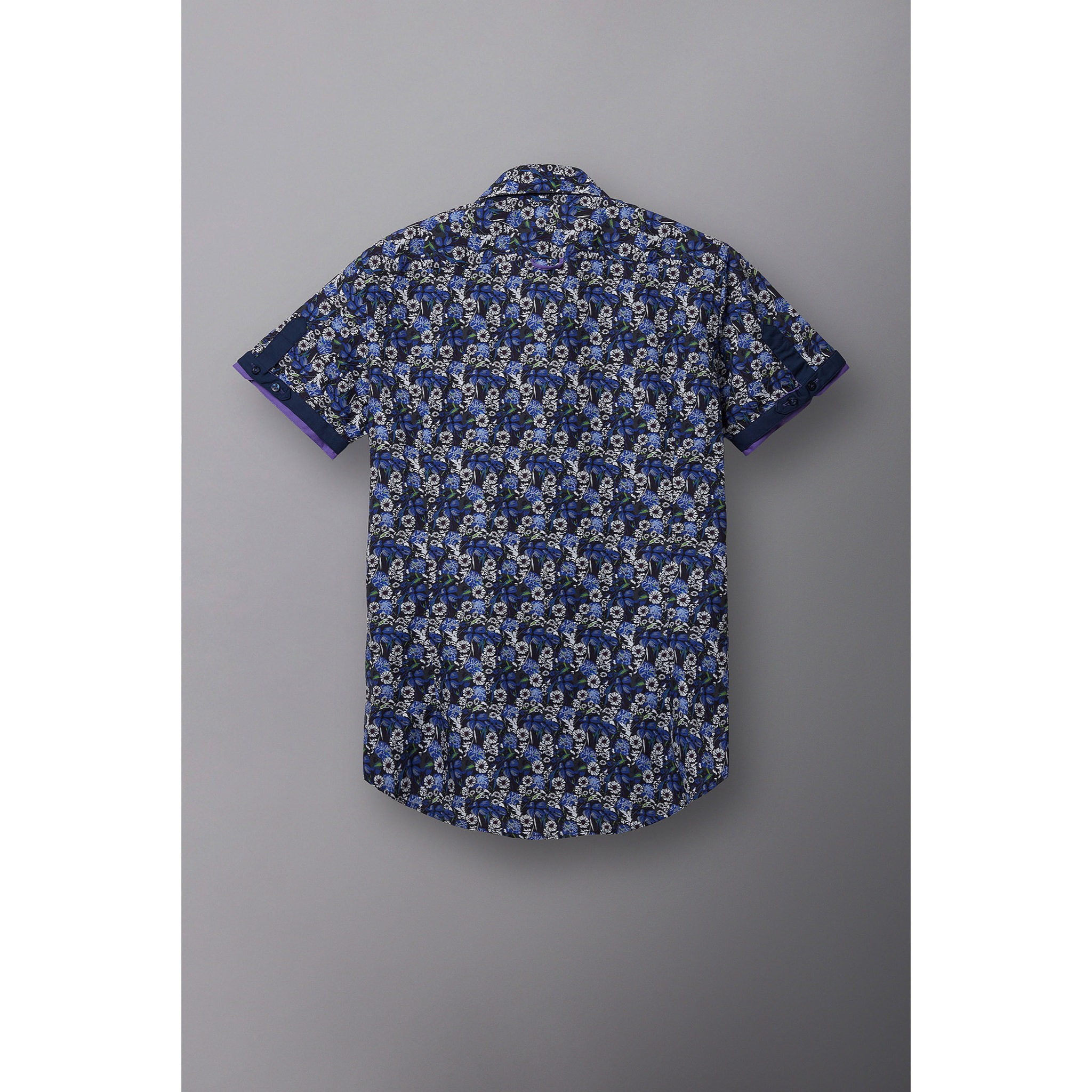Camicia Uomo Manica Corta 2 Bottoni Button Down 7 Botto Popeline Stampato Blu\Bianco