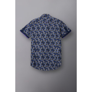 Camicia Uomo Manica Corta 2 Bottoni Button Down 7 Botto Popeline Stampato Blu\Bianco