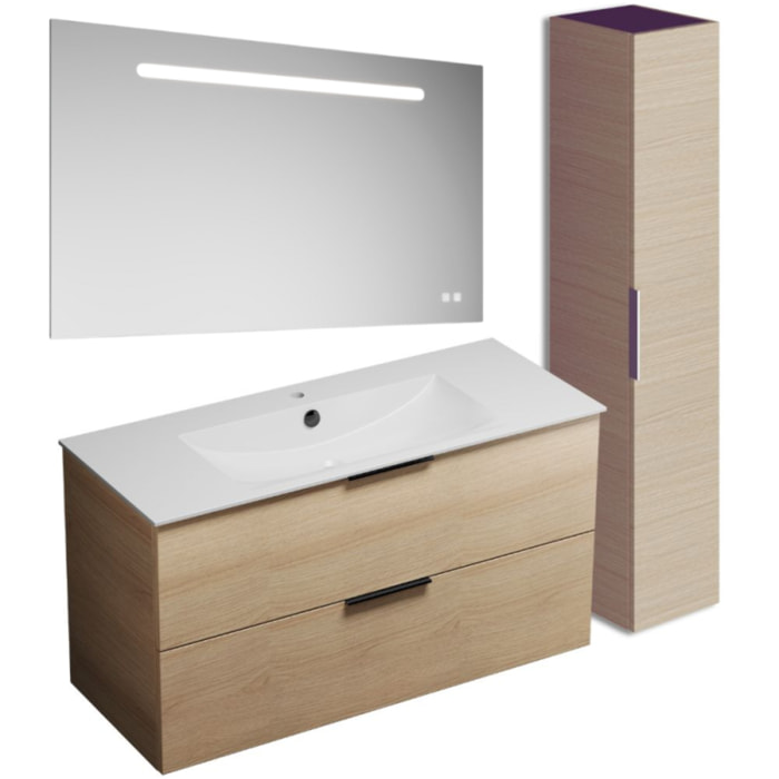 Meuble vasque 120 cm BURGBAD Olena chêne clair + miroir + colonne de salle de bain