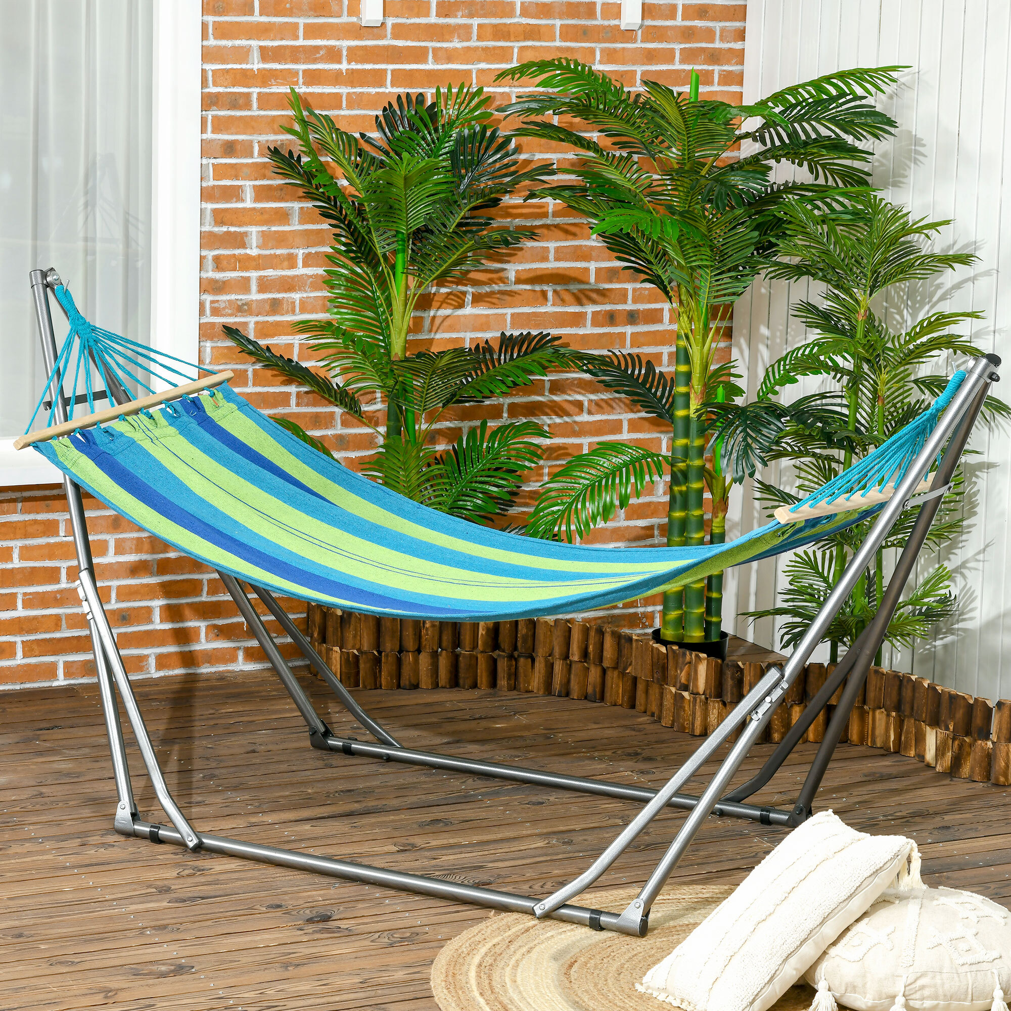 Hamaca con Soporte Plegable 2 en 1, Tendedero con Barra, Estructura de Acero, Hamaca de Camping Portátil de Algodón, Carga 120 kg, para Jardín, Patio, Terraza, 270x100x94 cm, Azul y Verde