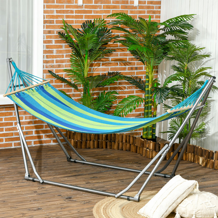 Hamaca con Soporte Plegable 2 en 1, Tendedero con Barra, Estructura de Acero, Hamaca de Camping Portátil de Algodón, Carga 120 kg, para Jardín, Patio, Terraza, 270x100x94 cm, Azul y Verde