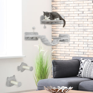 Juego de Estanterías para Gatos de 4 Piezas Rascador de Pared para Gatos con 2 Postes de Sisal Plataforma Doble con Escalera Suave y 1 Plataforma para Saltar Gris Claro