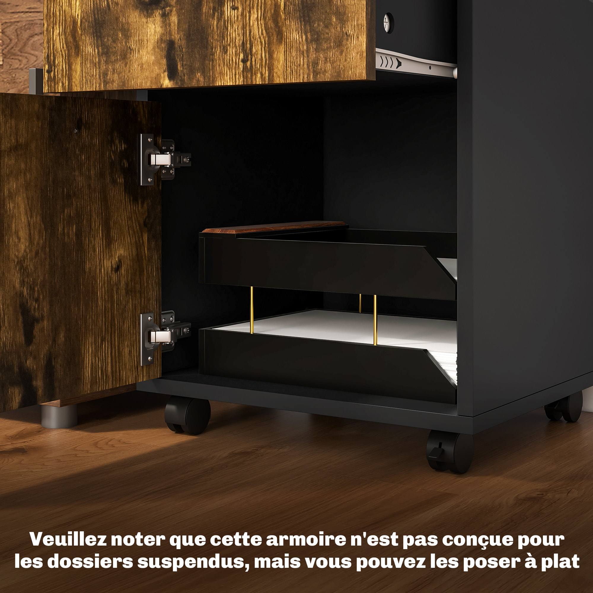 Caisson de bureau rangement bureau sur roulettes tiroir placard niche panneaux particules brun rustique