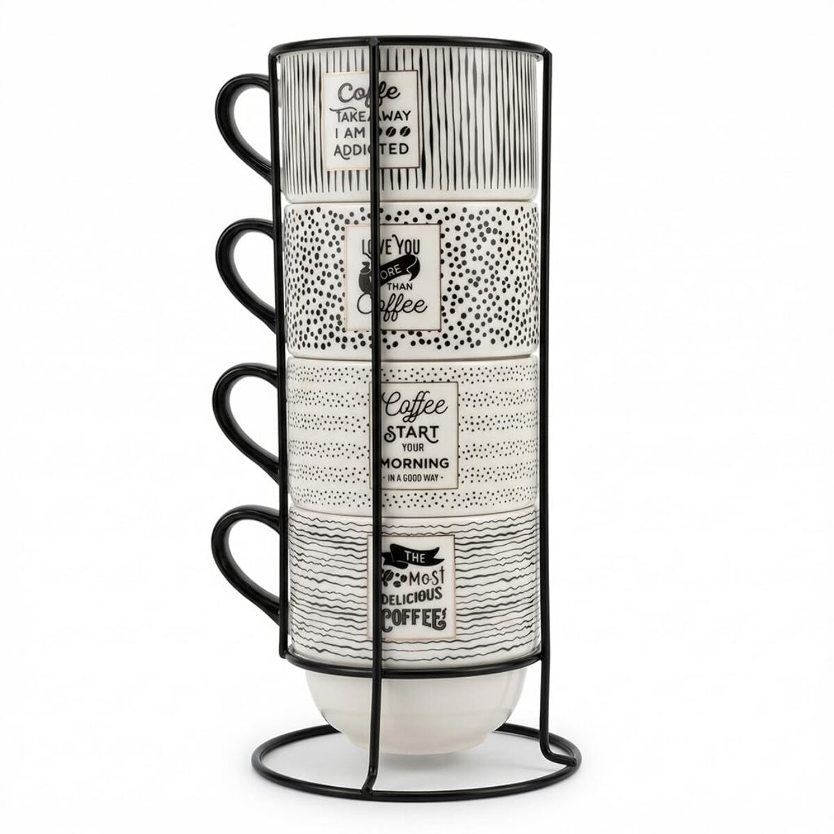 Set 4 Tazze da Caffè con Supporto in metallo, porcellana New Bone China, Manico Ergonomico, Intrecci.