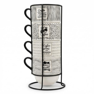 Set 4 Tazze da Caffè con Supporto in metallo, porcellana New Bone China, Manico Ergonomico, Intrecci.