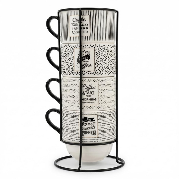 Set 4 Tazze da Caffè con Supporto in metallo, porcellana New Bone China, Manico Ergonomico, Intrecci.