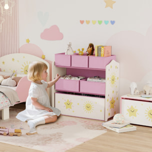 Étagère de rangement enfant design étoile soleil - 6 tiroirs en tissu - MDF - rose