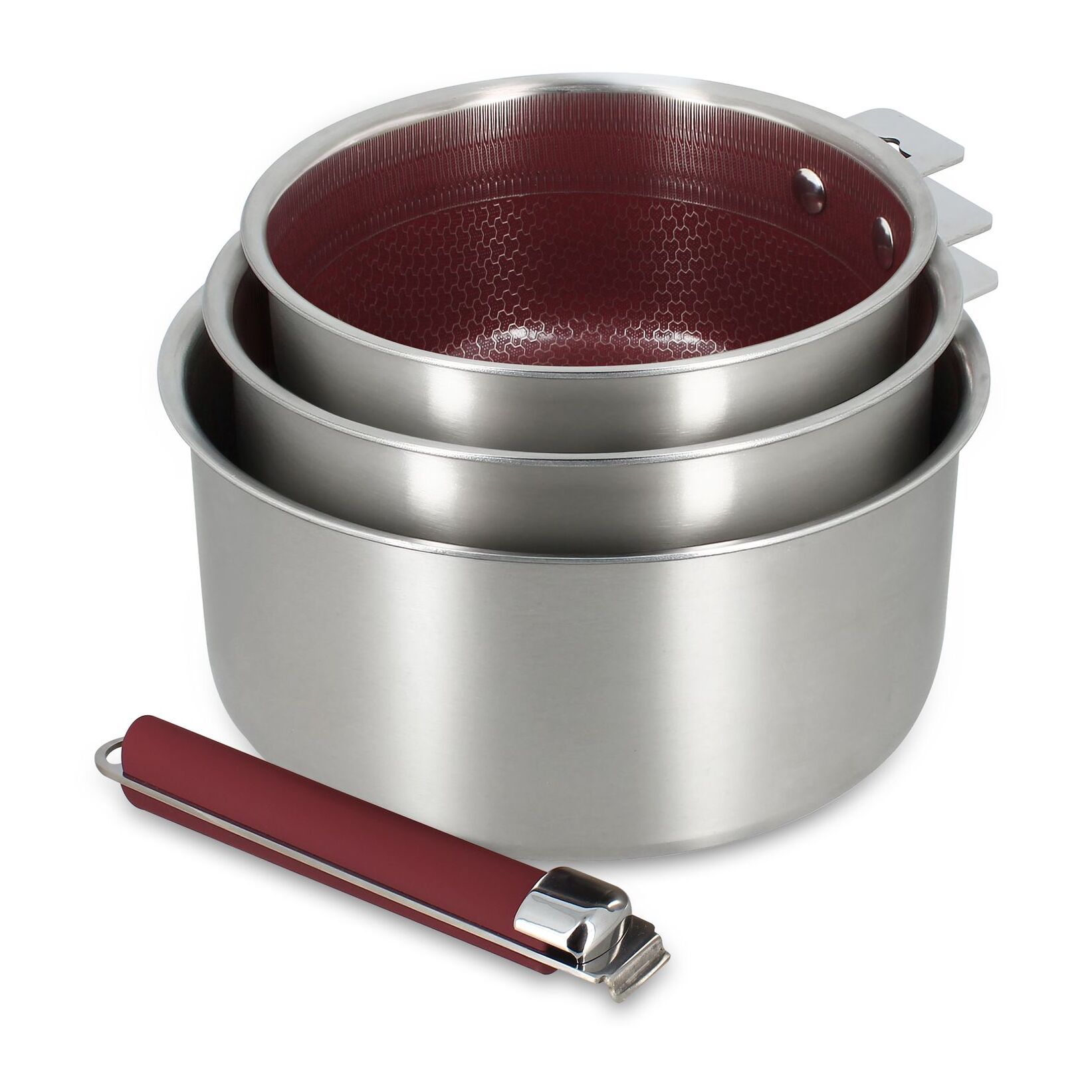 Set de 3 casseroles en acier inoxydable et poignée amovible lie de vin AGLAE