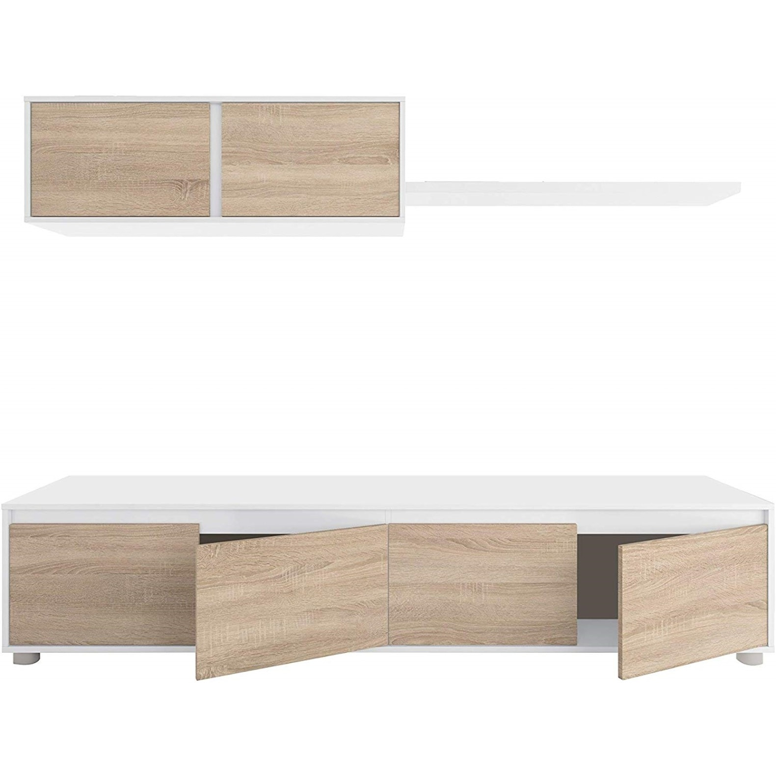 Parete Attrezzata Da Soggiorno Mobile TV 4 ante Pensile Con Pistoni A Gas E Mensola Sospesa Design Moderno Salvaspazio 200 Cm Bianco Lucido E Rovere