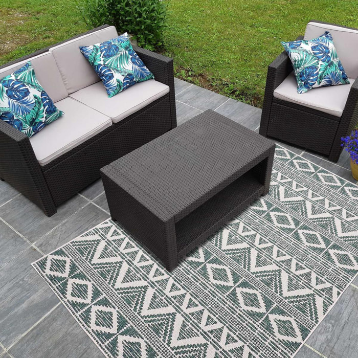 Tapis d'extérieur Reversible befe aux motifs ethniques vert et beige