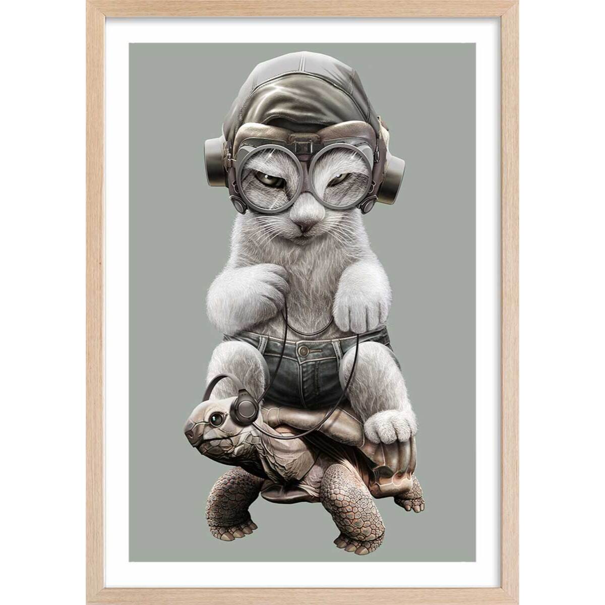 Affiche enfant chat sur une tortue  Affiche + cadre en bois - Chêne