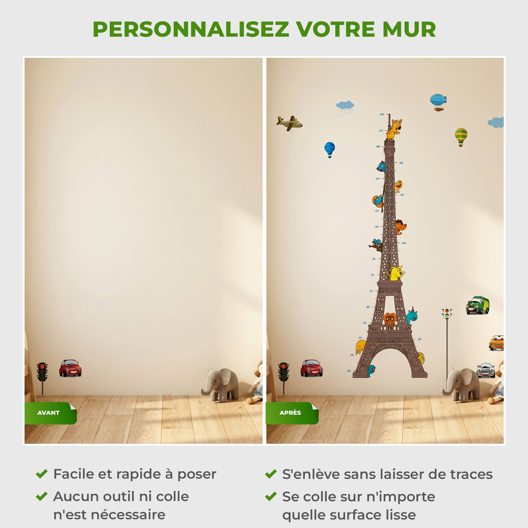 Stickers Muraux décoration adhésifs toise Tour Eiffel pour enfants avec animaux et avions