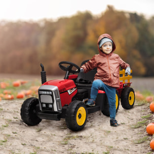 Tractor Eléctrico con Remolque Desmontable Coche Eléctrico para Niños 3-6 Años con Control Remoto Música MP3 Pantalla Luces y Cinturón de Seguridad 136,5x50x52,5 cm Rojo
