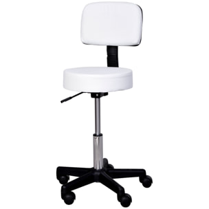 Tabouret massage à roulettes réglable en hauteur pivotant avec dossier ergonomique blanc