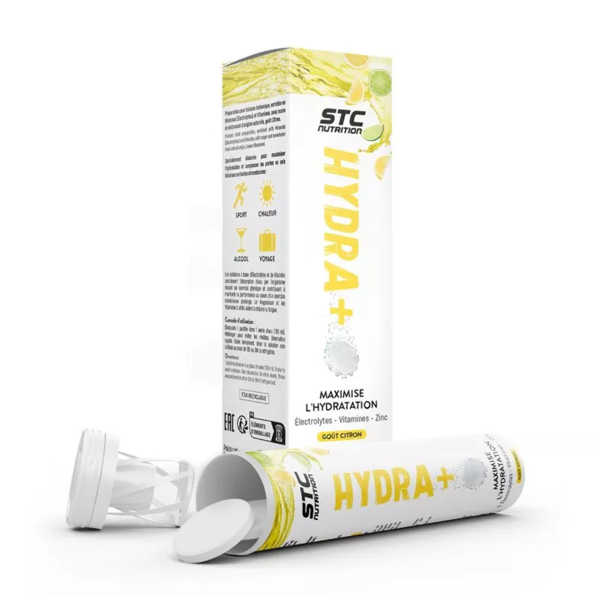 STC NUTRITION - Hydra+ - Préparation pour boisson isotonique à base d'Électrolytes, Vitamines, sucre et édulcorant naturels - Optimise l'hydratation - Goût Citron - 20 Pastilles - Citron