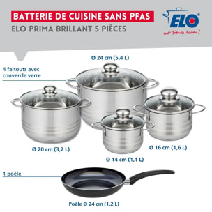 Ensemble de 1 Poêle de cuisson 24 cm et 4 faitouts 14, 16, 20 et 24 cm Elo Prima Brillant