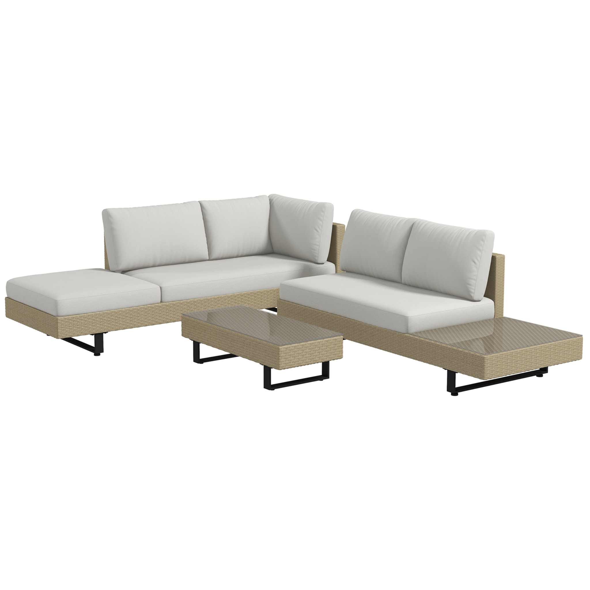 Conjunto de Muebles Ratán de 3 Piezas Mesa de Centro Sofá Doble y Sofá de 3 Plazas con Cojines Extraíbles para Exterior Jardín Terraza Patio Acero Beige