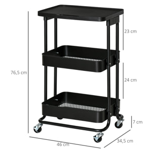 HOMCOM Carrito de Cocina con Ruedas Carro de Almacenamiento de 3 Niveles y Frenos para Baño Salón Dormitorio Oficina 46x34,5x76,5 cm Negro