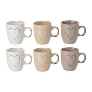 J-Line tasse Cœur - grès - blanc/beige - 2 boîtes de 3