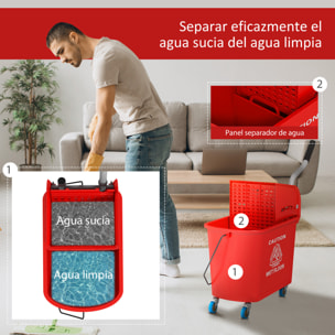 Cubo de Fregona con Ruedas Capacidad de 20 L Cubo de Fregar con Sistema de Escurridor Ruedas y Asa de Transporte para Doméstico y Comercial Rojo