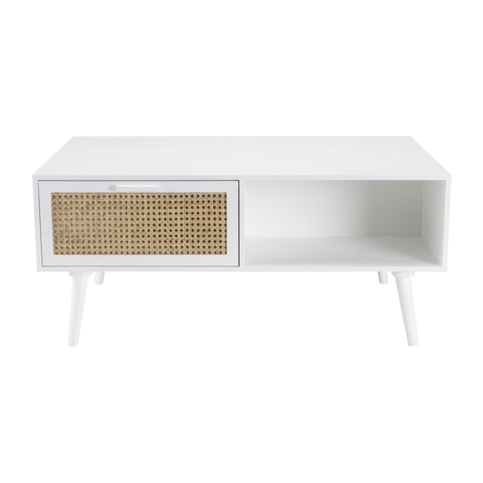 SANDRO - Table basse blanche 2 tiroirs 1 niche cannage naturel