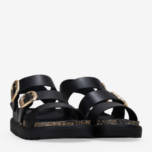 Sandalias de cuña negras en piel con hebillas