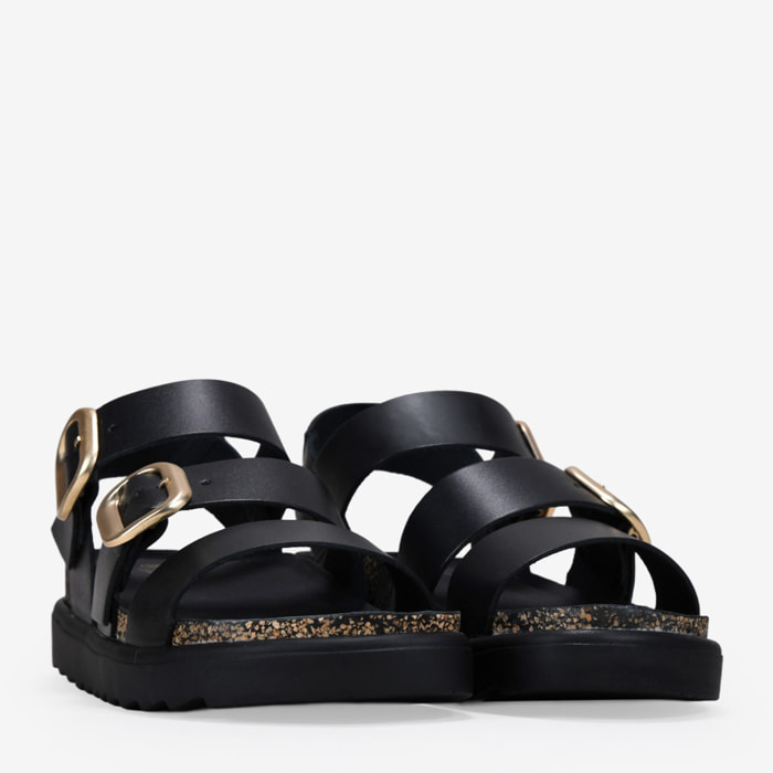 Sandalias de cuña negras en piel con hebillas