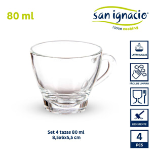 Set 4 tazas vidrio cafe con asa 80ml colección vivalto