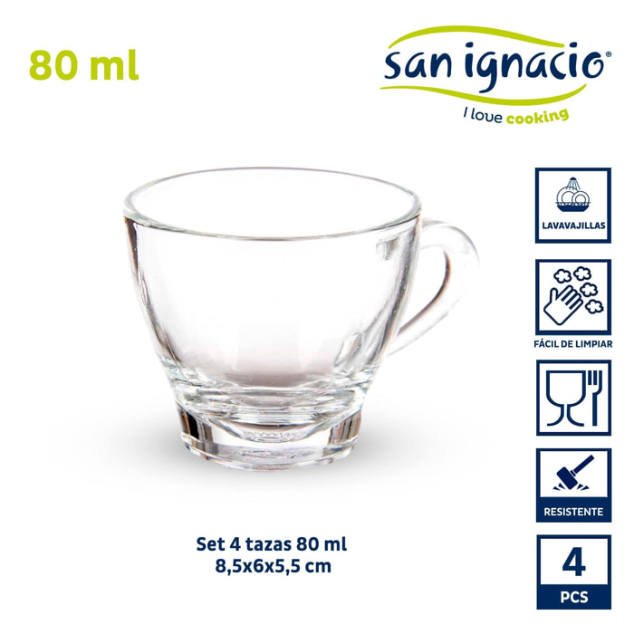 Set 4 tazas vidrio cafe con asa 80ml colección vivalto