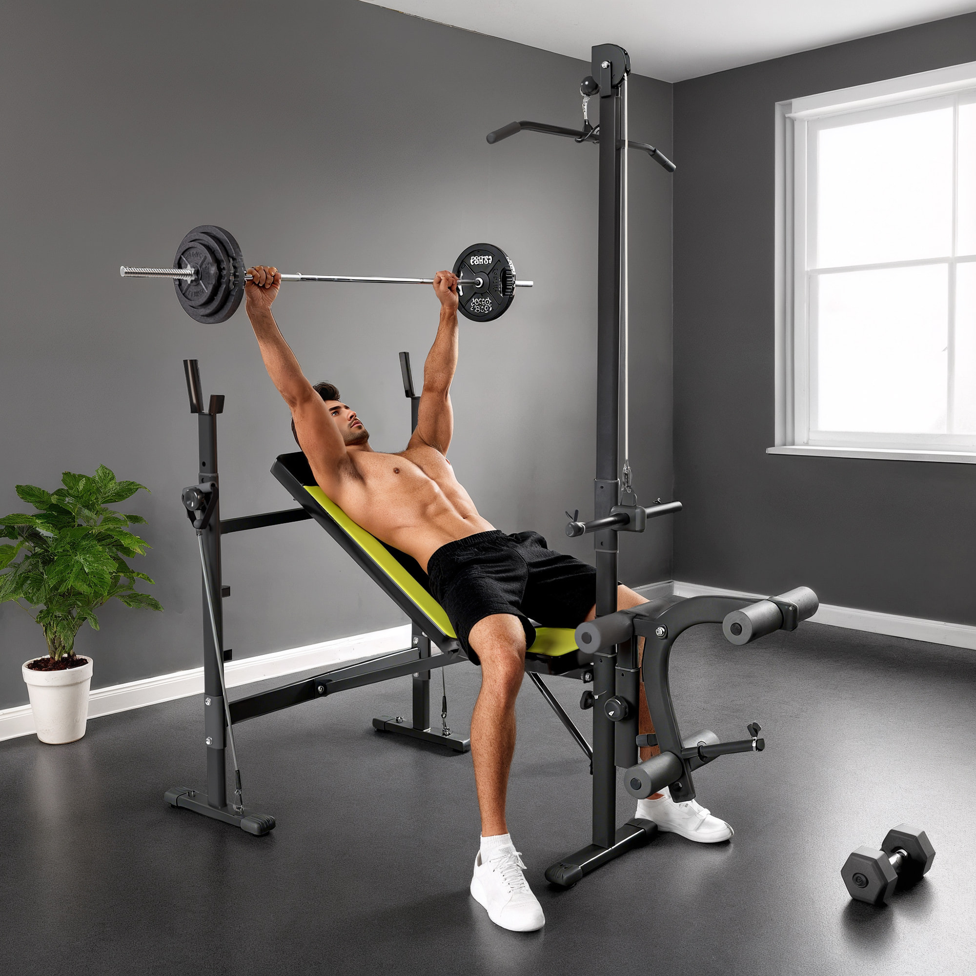 Banco de Pesas Multifuncional Banco de Musculación Reclinable con Altura Ajustable para Fitness Entrenamiento Completo en Gimnasio y Casa Carga 300 kg 175x110x202 cm Negro