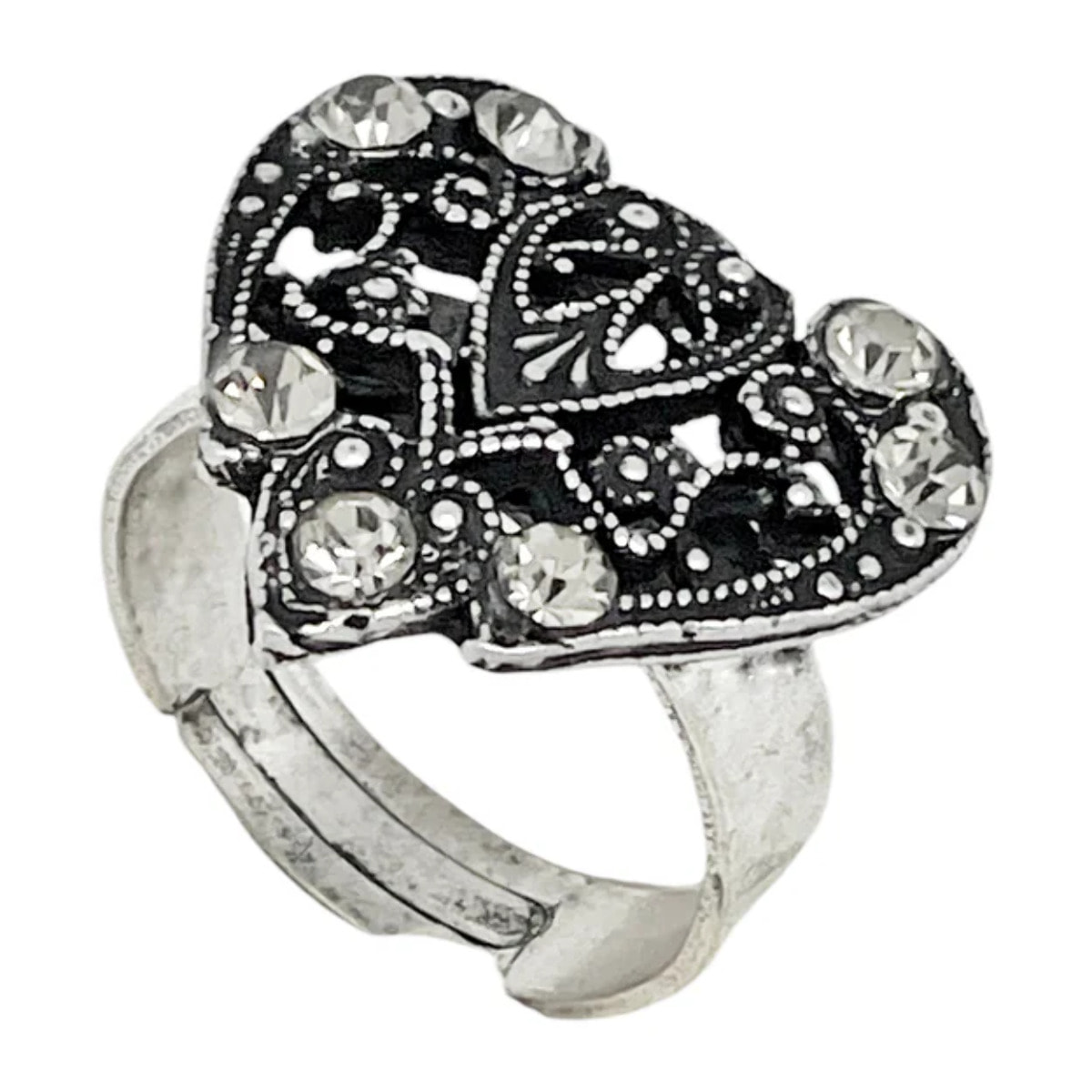 Anillo Vintage corazón y cristal black diamond plata envejecida