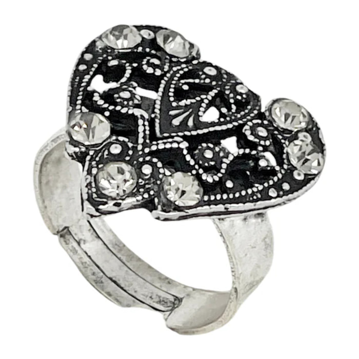 Anillo Vintage corazón y cristal black diamond plata envejecida