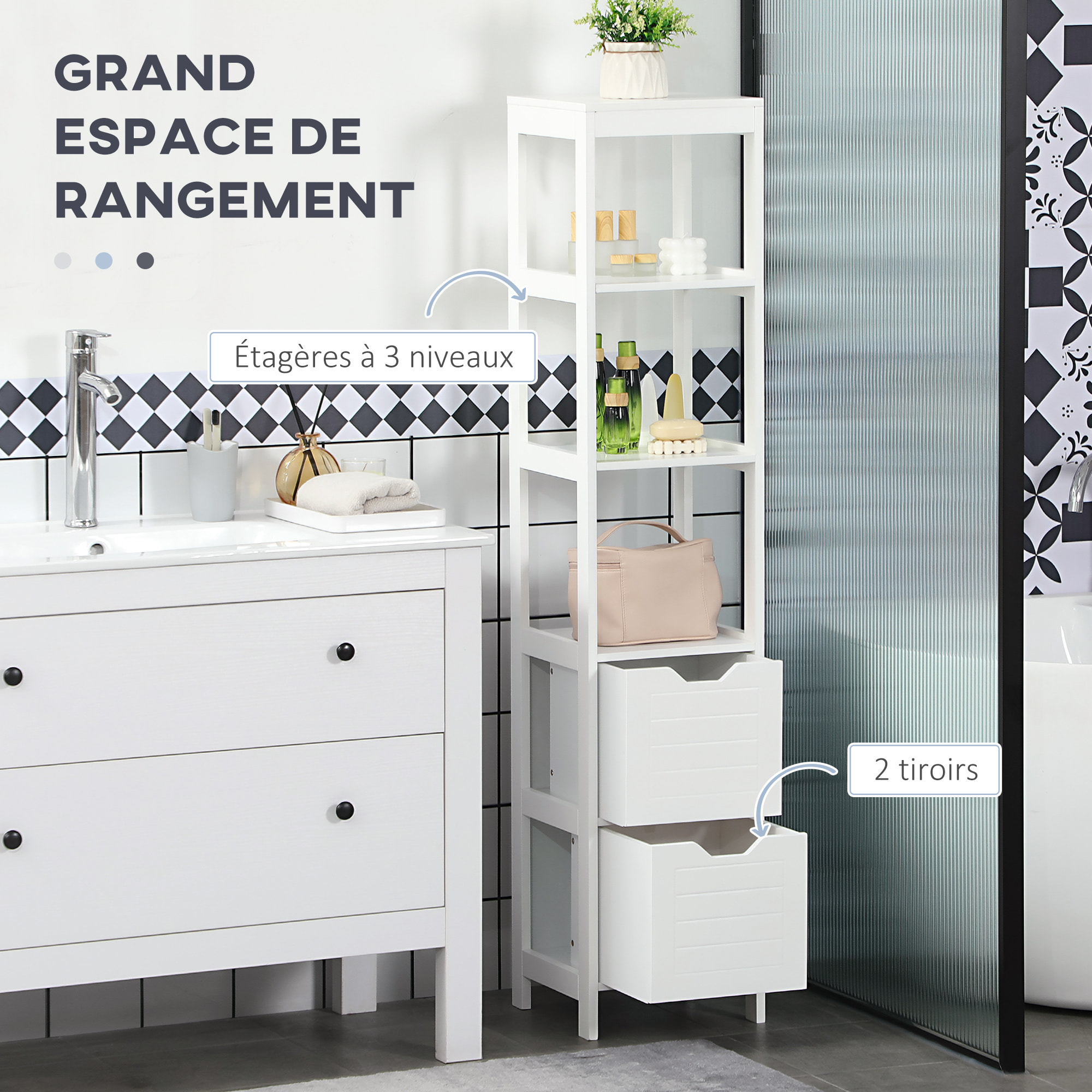 Meuble colonne rangement salle de bain dim. 30L x 30l x 144H cm 2 tiroirs 3 étagères MDF blanc