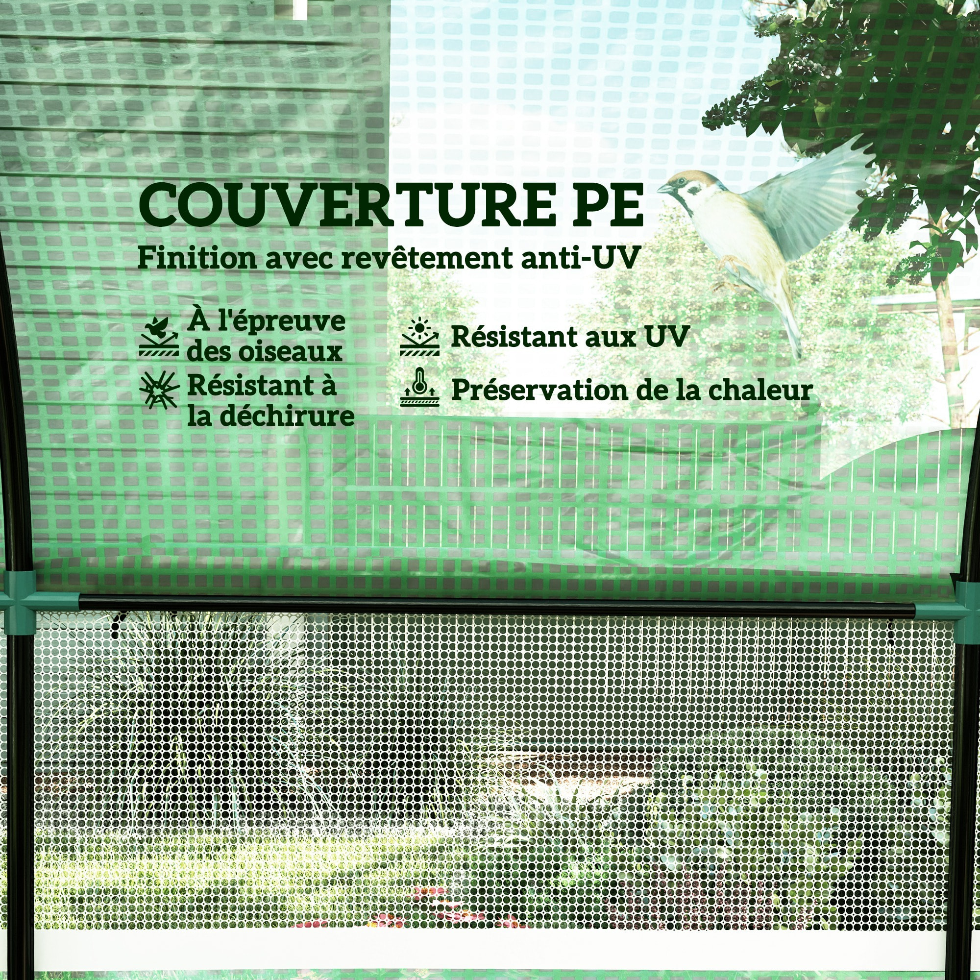 Serre tunnel 6 m² 2 portes zippées 2 fenêtres maillées acier PE haute densité 135 g/m² vert
