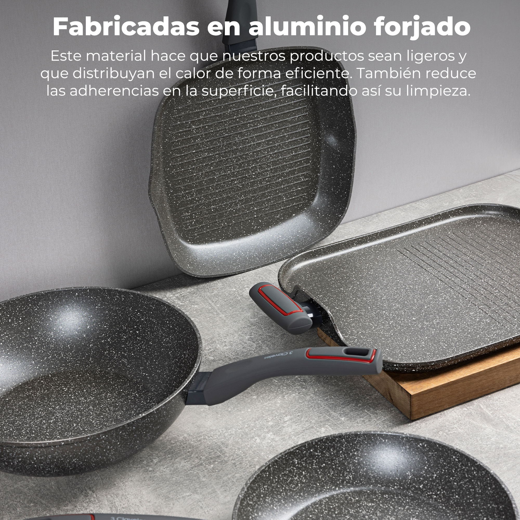 Set de 4 sartenes ø20ø24ø28ø30cm + asador ø28cm + wok ø28cm + parrilla de 35cm en aluminio forjado, 3 claveles