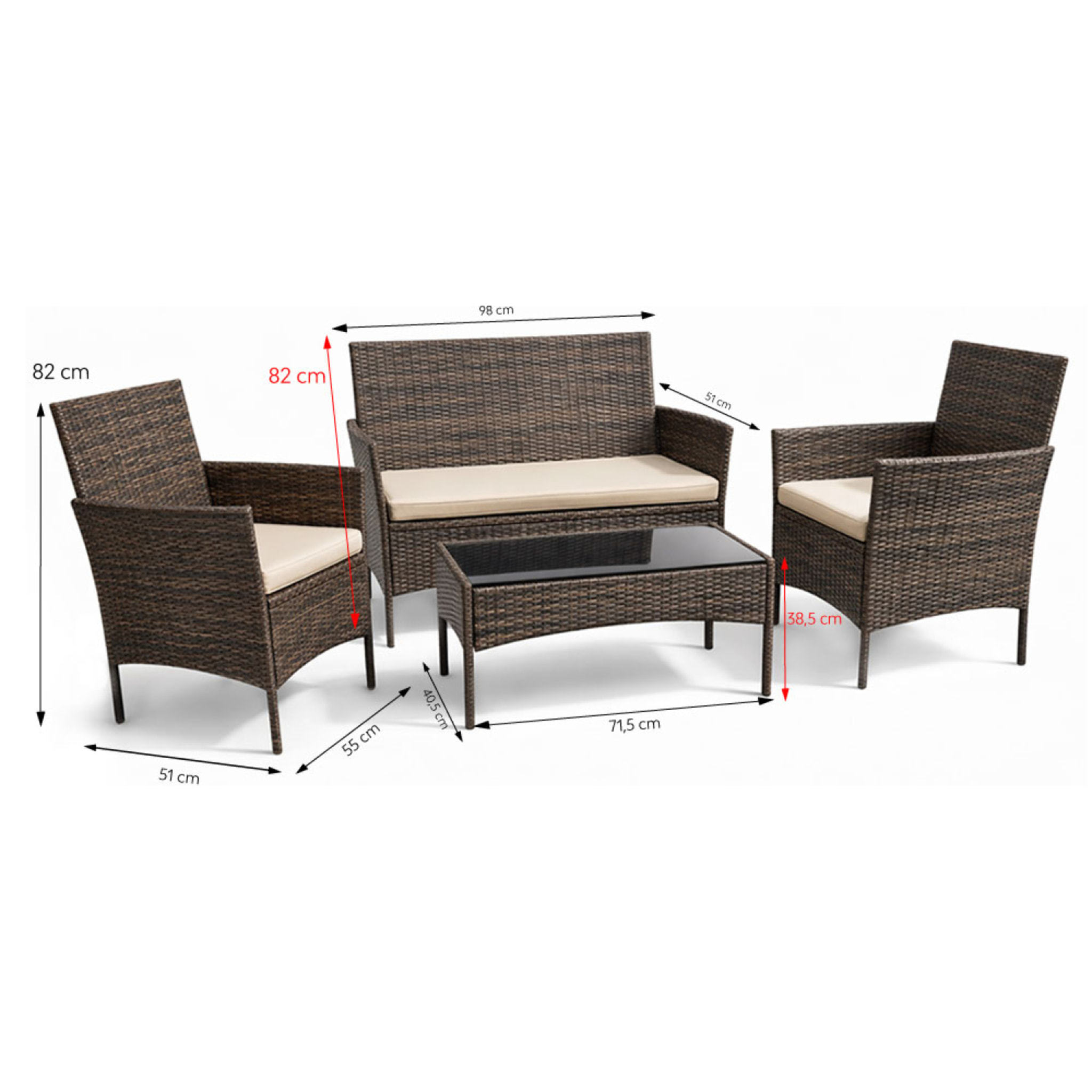 SALOU Ensemble de jardin 4 places en résine tressée marron et coussins beige