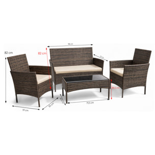 SALOU Ensemble de jardin 4 places en résine tressée marron et coussins beige