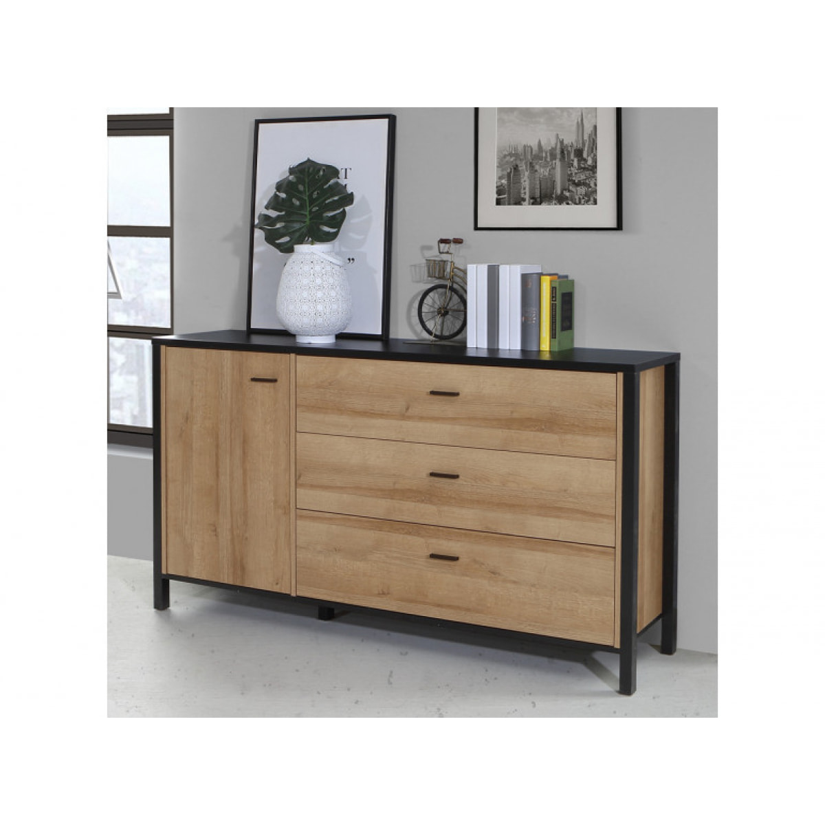 Buffet 3 tiroirs et 1 porte en bois effet chêne - MIAMI