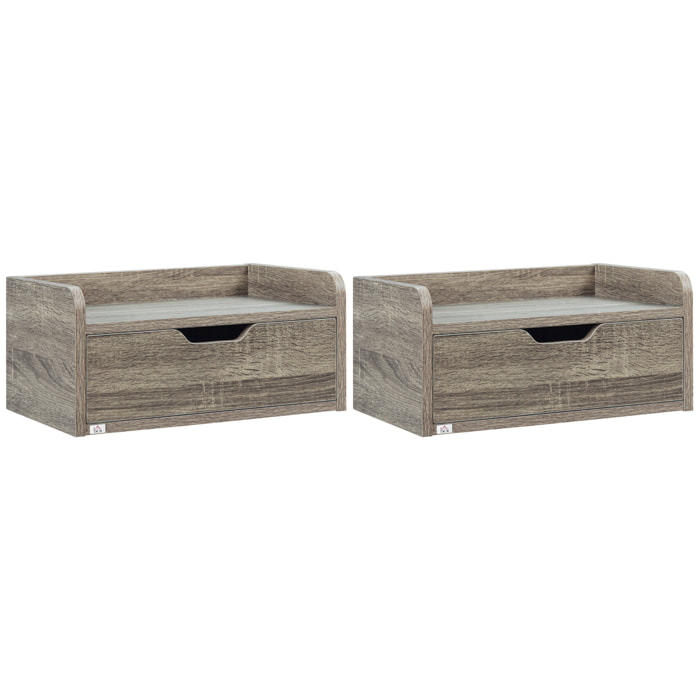 Lot de 2 chevets tables de nuit murales - tiroir coulissant, plateau - dim. 40L x 30l x 19H cm - panneaux aspect bois gris