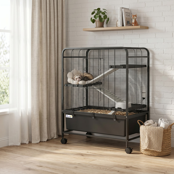 Cage mobile hamster rongeur furet 4 niveaux 2 portes 3 rampes bac profond amovible noir