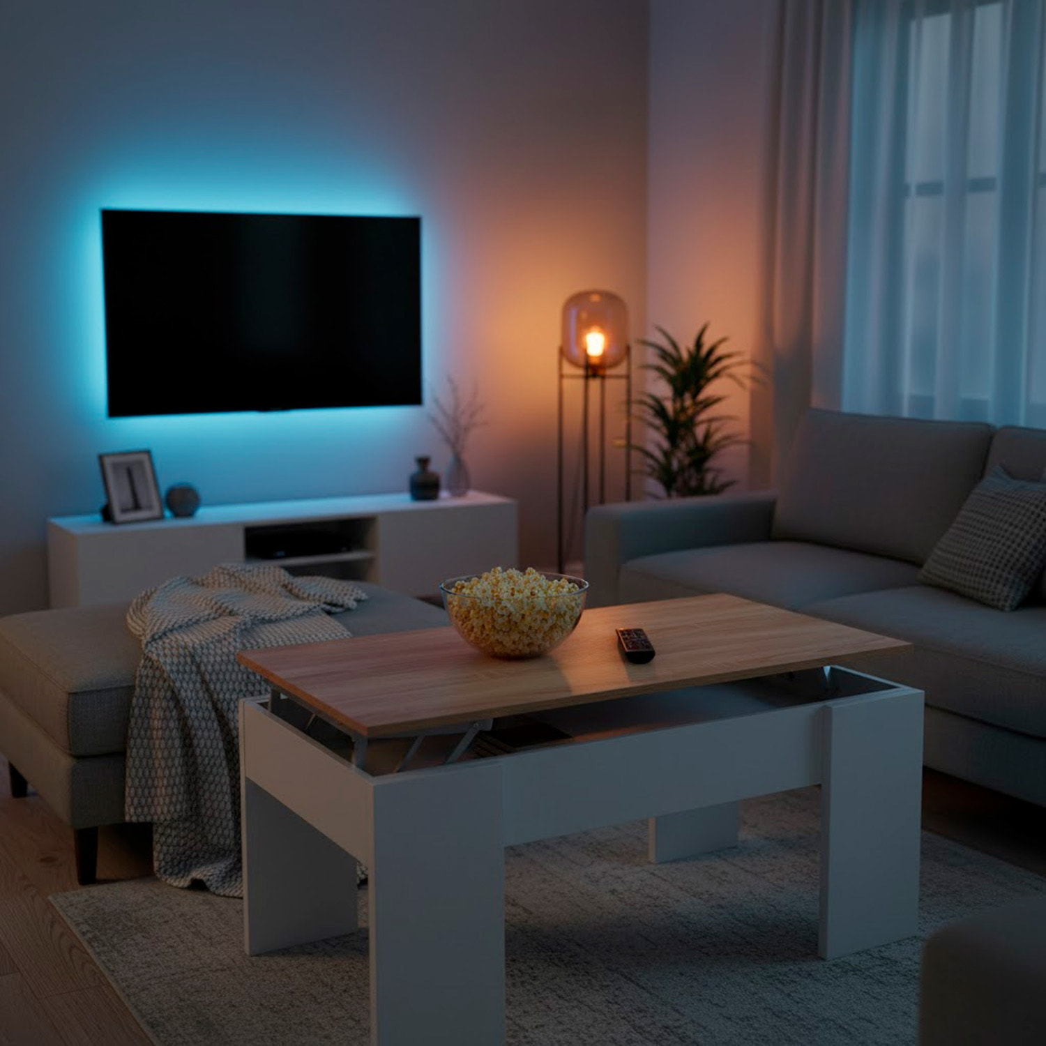 Tavolino da Salotto Alzabile Con Vano Contenitore Tavolo Multifunzione Salvaspazio Soggiorno Piano Sollevabile 100 x 50 x 54–56 cm Bianco E Rovere