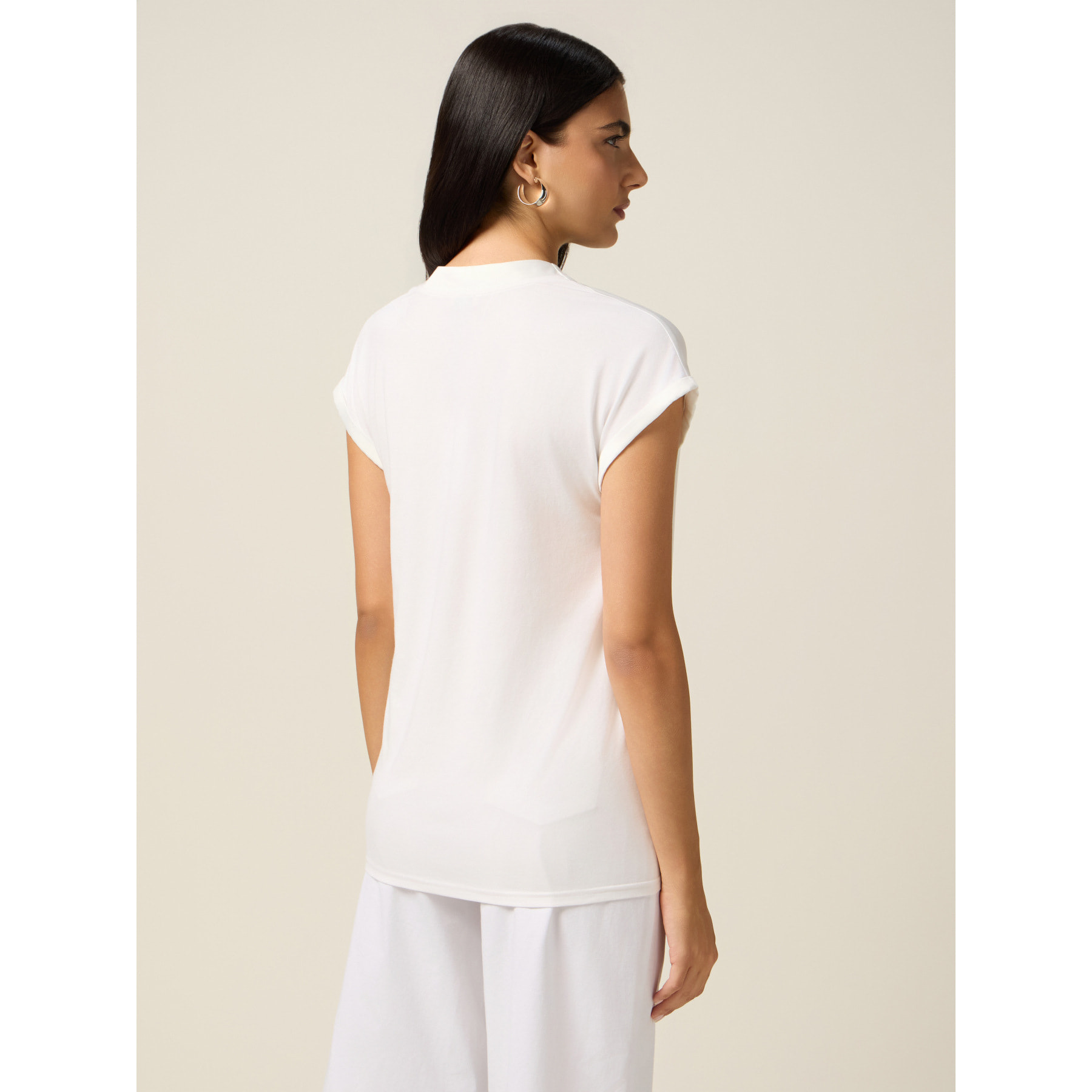 Oltre - T-shirt bimaterica con scollo a V - Bianco