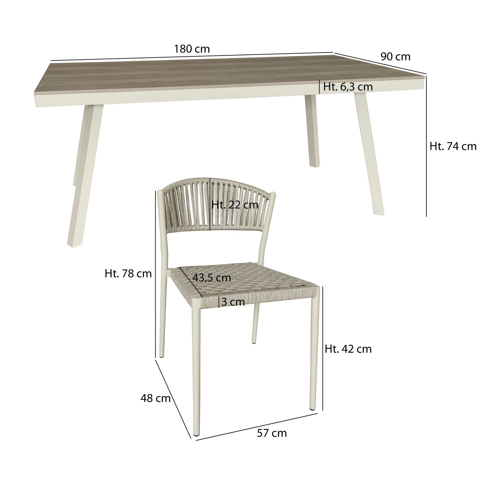 Table en aluminium 180cm avec 6 chaises en alumin ium /corde taupe figari