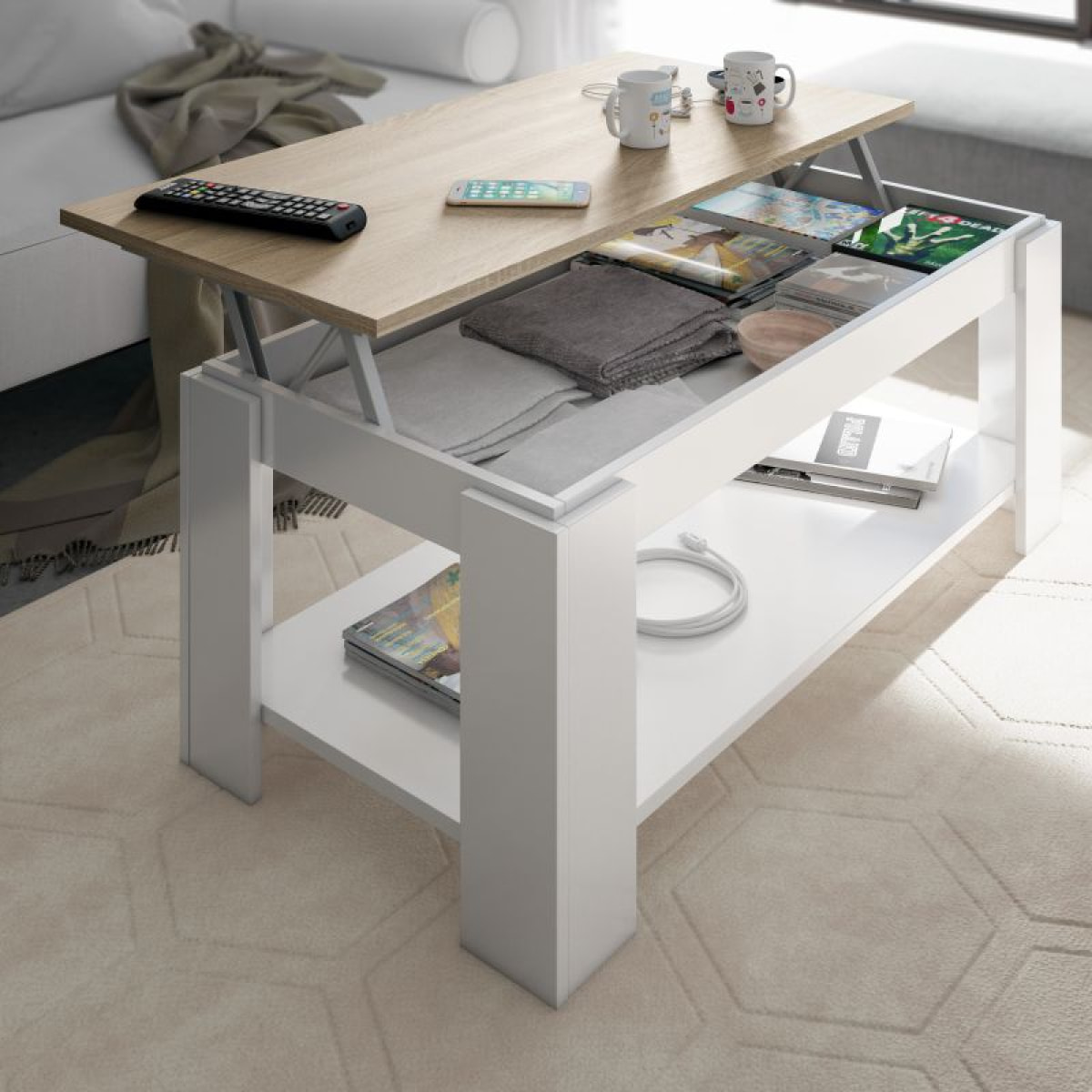 Mesa de centro elevable Ambit Blanco Artik (Blanco Mate) - Roble Canadian