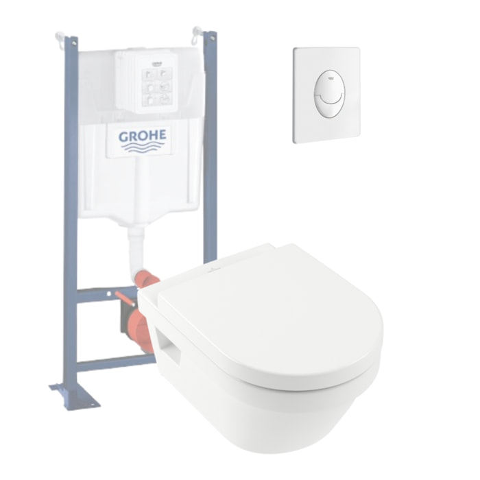 WC suspendu sans bride Architectura + abattant + bati support GROHE + plaque de commande blanche