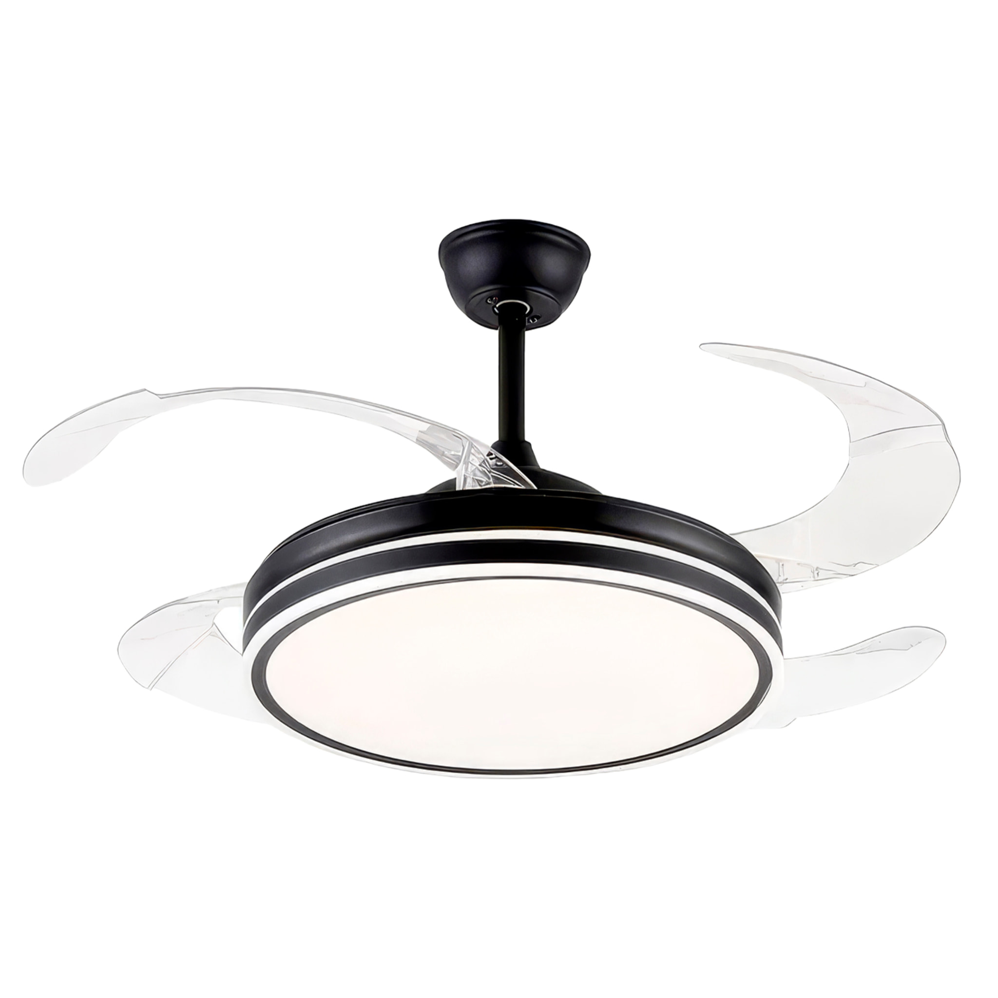Ventilador de techo 8808 120 cm, aspas retráctiles. Motor DC 36W, luces LED regulable de 60W, 6 velocidades, modo invierno/verano. Control mediante mando a distancia o aplicación móvil.
