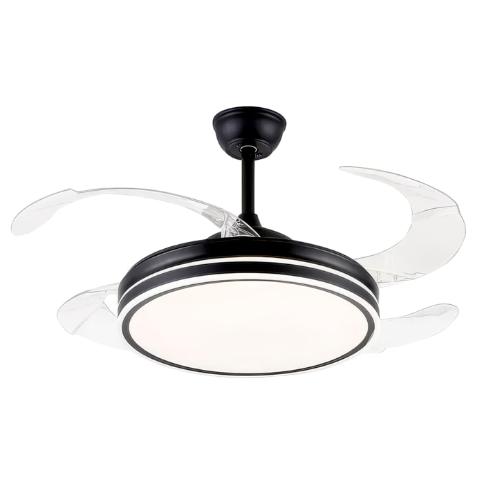 Ventilador de techo 8808 120 cm, aspas retráctiles. Motor DC 36W, luces LED regulable de 60W, 6 velocidades, modo invierno/verano. Control mediante mando a distancia o aplicación móvil.